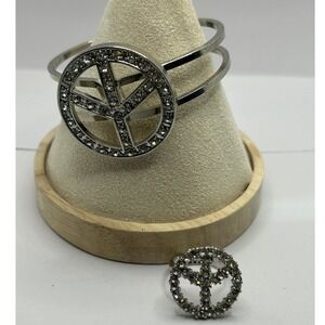 Peace Sign Bangle Bracelet & Ring Set Silver Tone Rhinestone Y2K Flower Power